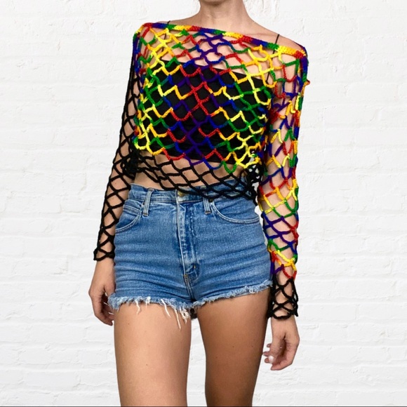 HANDMADE | Rainbow Lace Crochet Long Sleeve Festival Summer Cropped Top - Picture 2 of 9